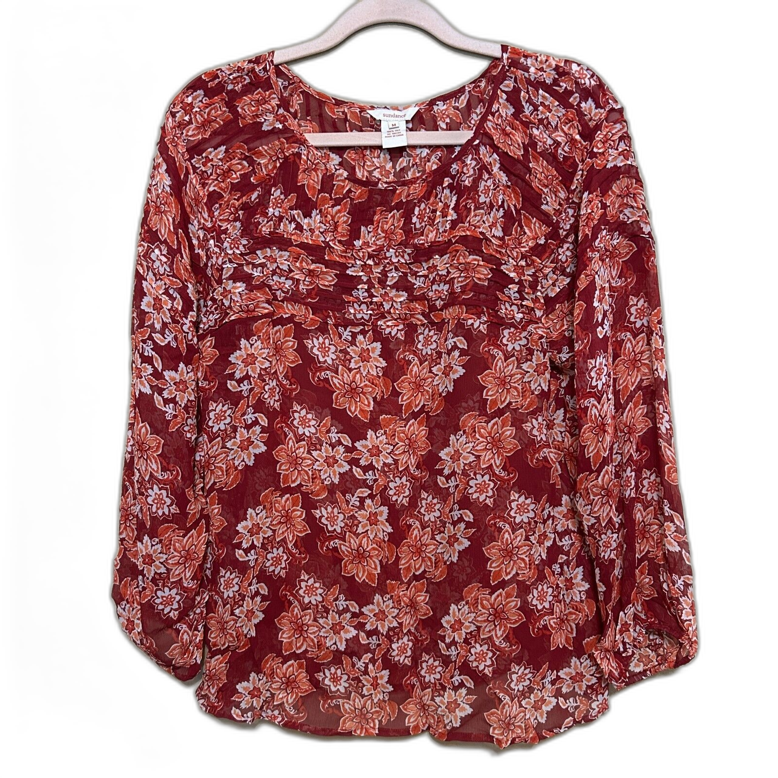 Sundance 100% Silk Floral Blouse Women Medium Red Semi Sheer Flowy Boho Romantic
